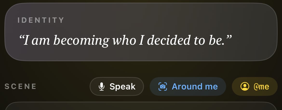 Enlarged detail of the real Describe screen: an identity line and the Speak, Around me and @me controls