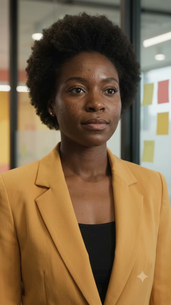 A woman in a yellow blazer about to enter a meeting and speak (fictional AI illustration)