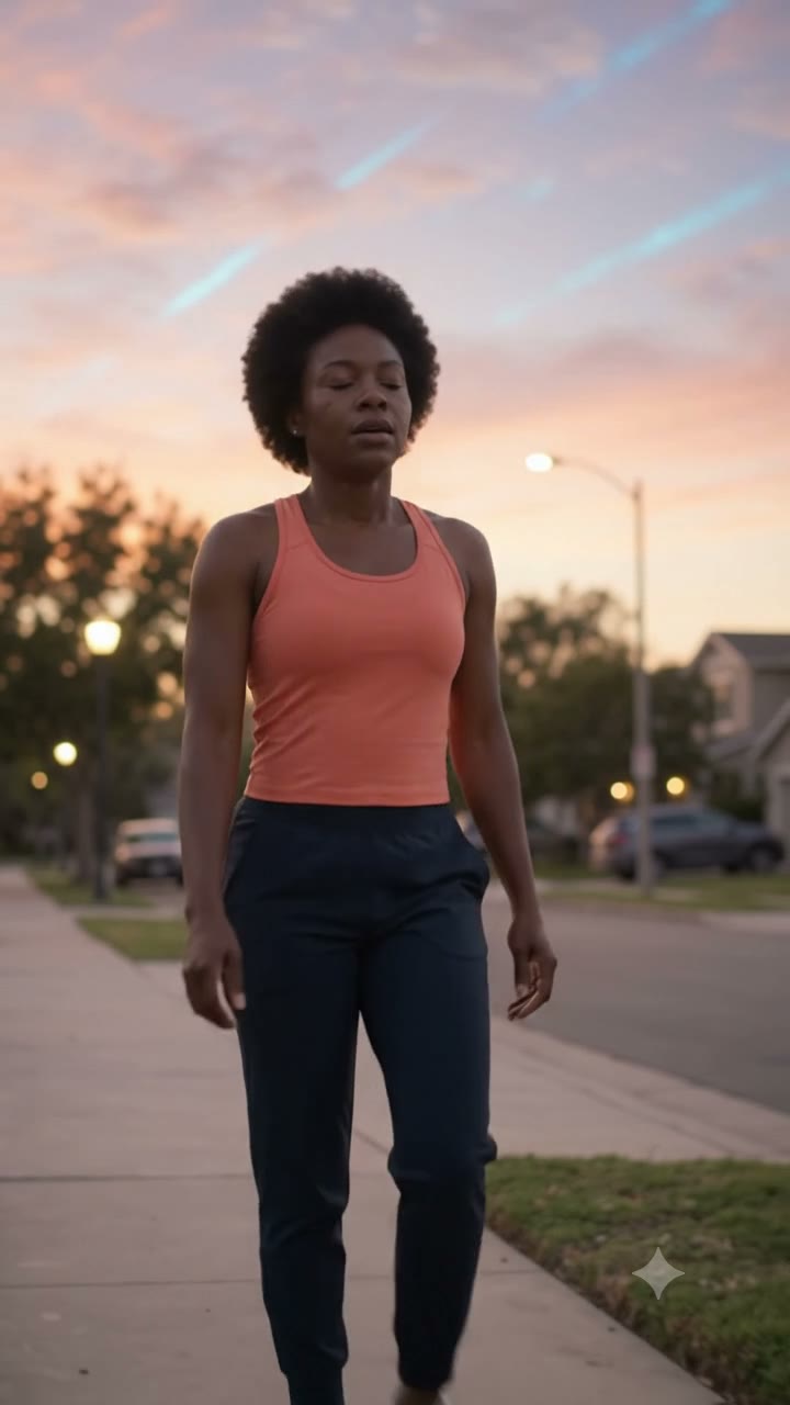 The same woman out on a short evening walk under a dusk sky (fictional AI illustration)
