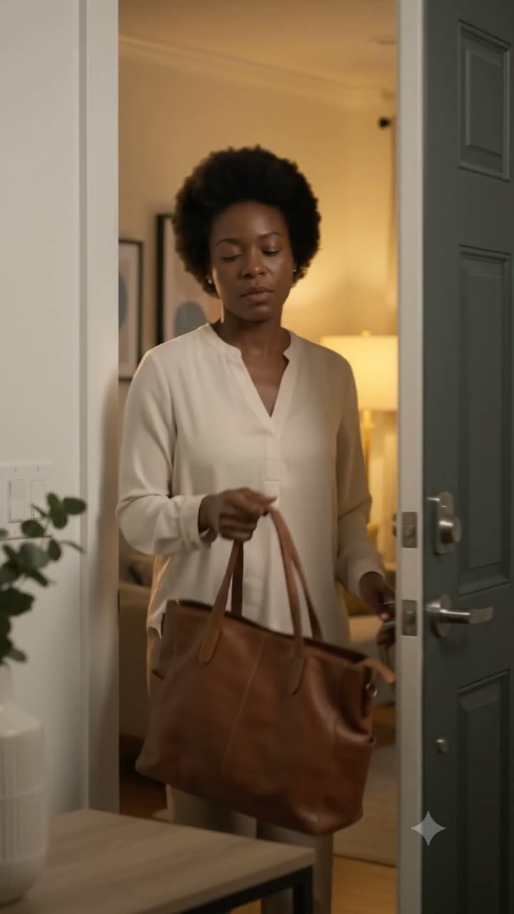 The same woman arrives home after the day, bag in hand (fictional AI illustration)