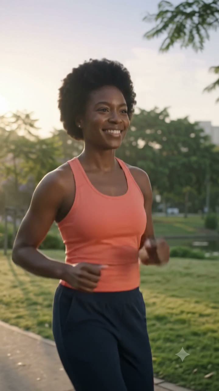 A woman in a coral top smiling on her morning jog outdoors (fictional AI illustration)