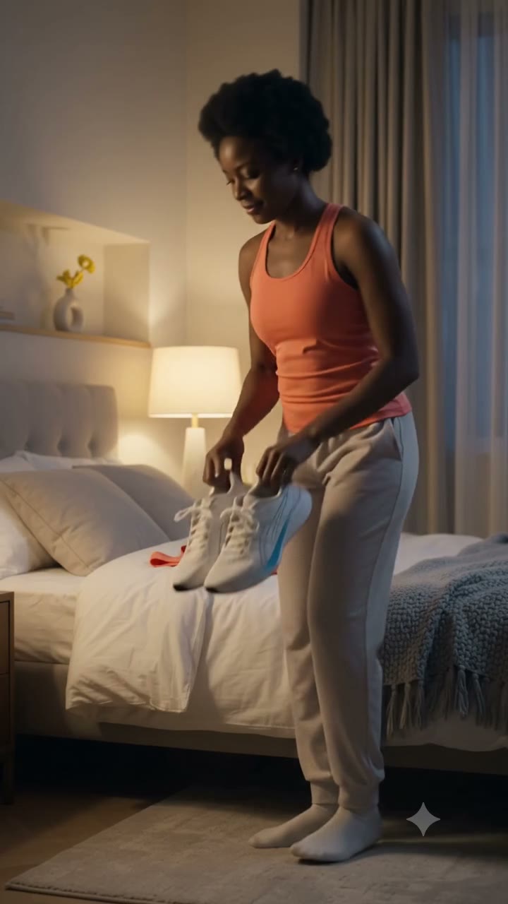 Her personal video begins: running shoes picked up beside the bed (fictional AI illustration)